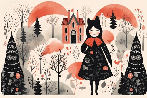 illustration in scandinavian style for cozy apartments with designer renovation. Painting of a cat girl standing in the forest against the backdrop of a fabulous house photo