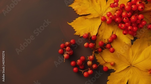 autumn leaves and small red rowan fruits on brown textured wooden background. Generative AI