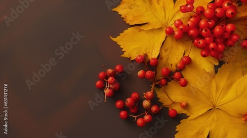 autumn leaves and small red rowan fruits on brown textured wooden background. Generative AI photo