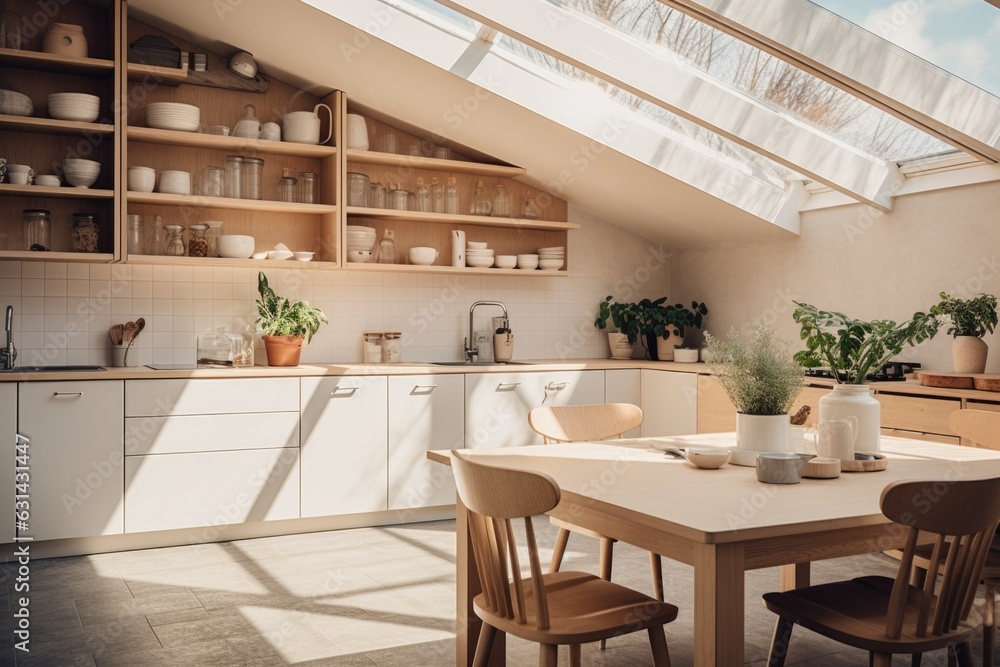 New super cozy designer kitchen in Scandinavian style with excellent renovation and taste in the interior, unique decor elements and large windows, wood colors 