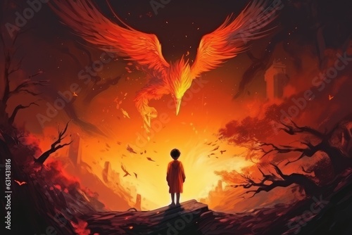 Child phoenix bird fire. Generate Ai photo