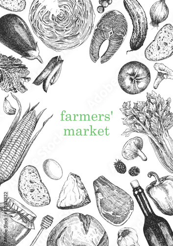 Farmers' Market. Hand-drawn illustration of Food. Ink. Vector