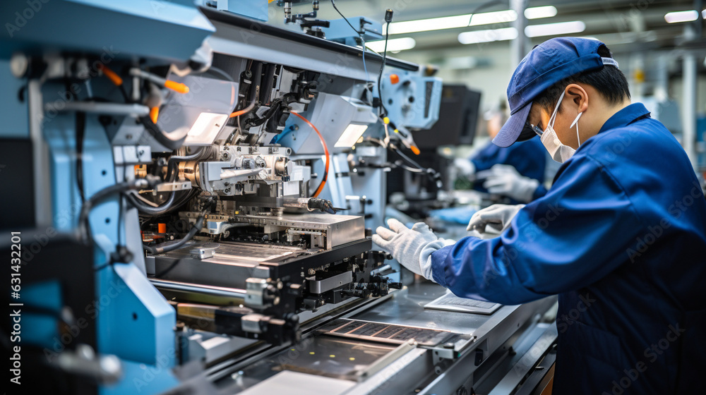 Workers in Protective Gear Operating Machines in a Factory Workers in Protective Gear Operating Machines in a Factory