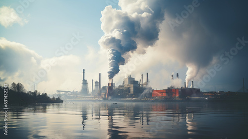 Industrial Smokestacks Emitting White Vapor on a Foggy Morning 