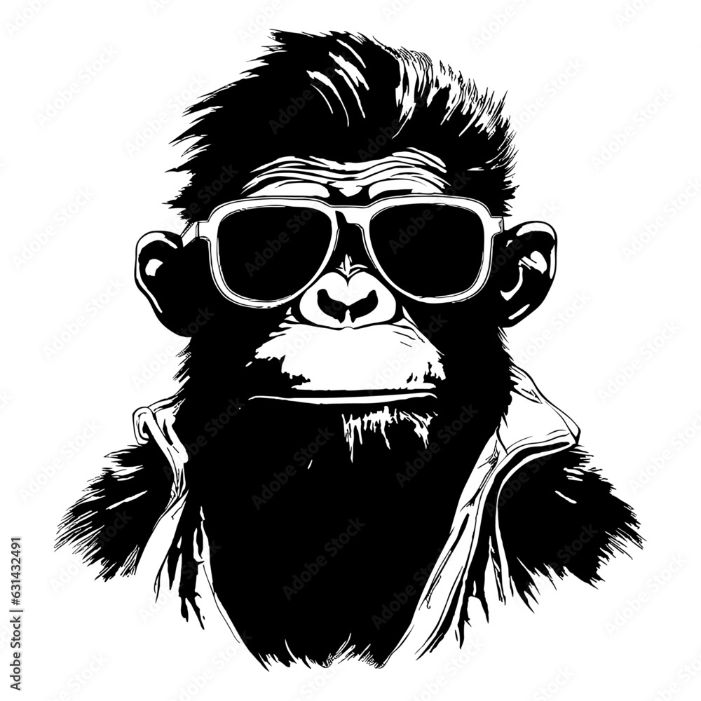 Monkey with sunglasses, vector art, isolated on white background, vector illustration.