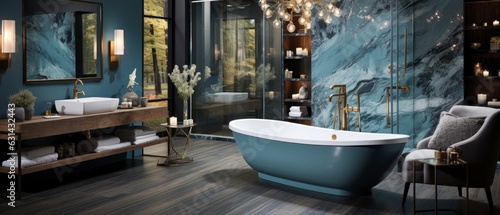 A luxurious bathroom with marble accents and sleek modern design. The room features a freestanding bathtub and a glass-enclosed shower. The walls are painted blue color, with metallic