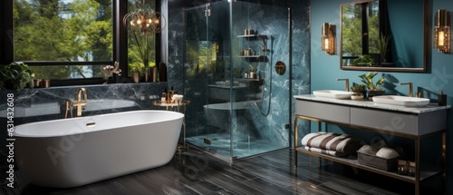 A luxurious bathroom with marble accents and sleek modern design. The room features a freestanding bathtub and a glass-enclosed shower. The walls are painted blue color  with metallic