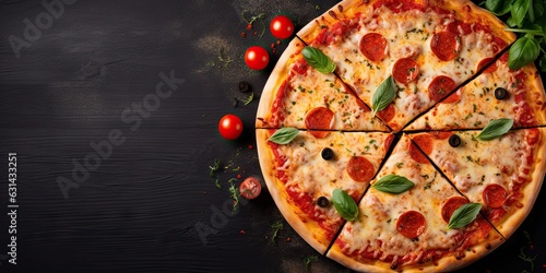 Top view of freshly delicious homemade pizza with cheese and tomato on rustic wooden table Italian restaurant delicacy.