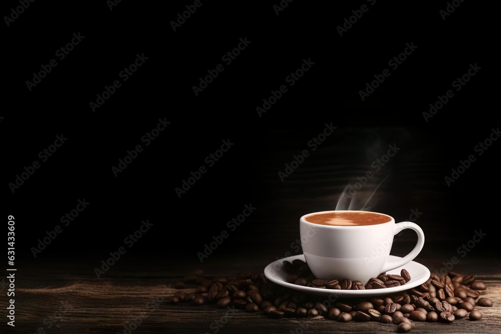 Coffee cup and coffee beans on a wooden table. Coffee cup and coffee beans on a wooden table.