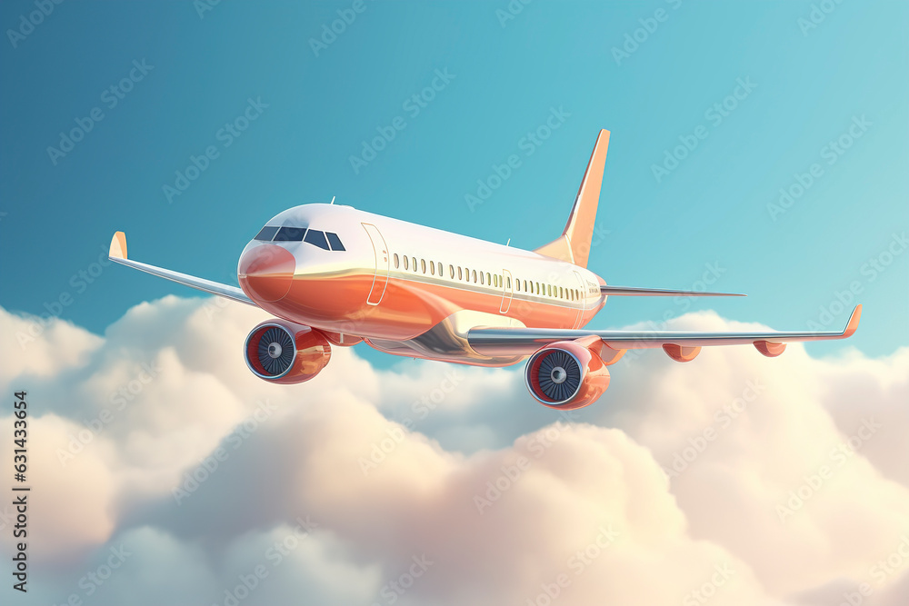 Passenger airplane in the sky above the clouds, passenger airplane gear released takes off in sky, beautiful background with flying plane in blue sky.