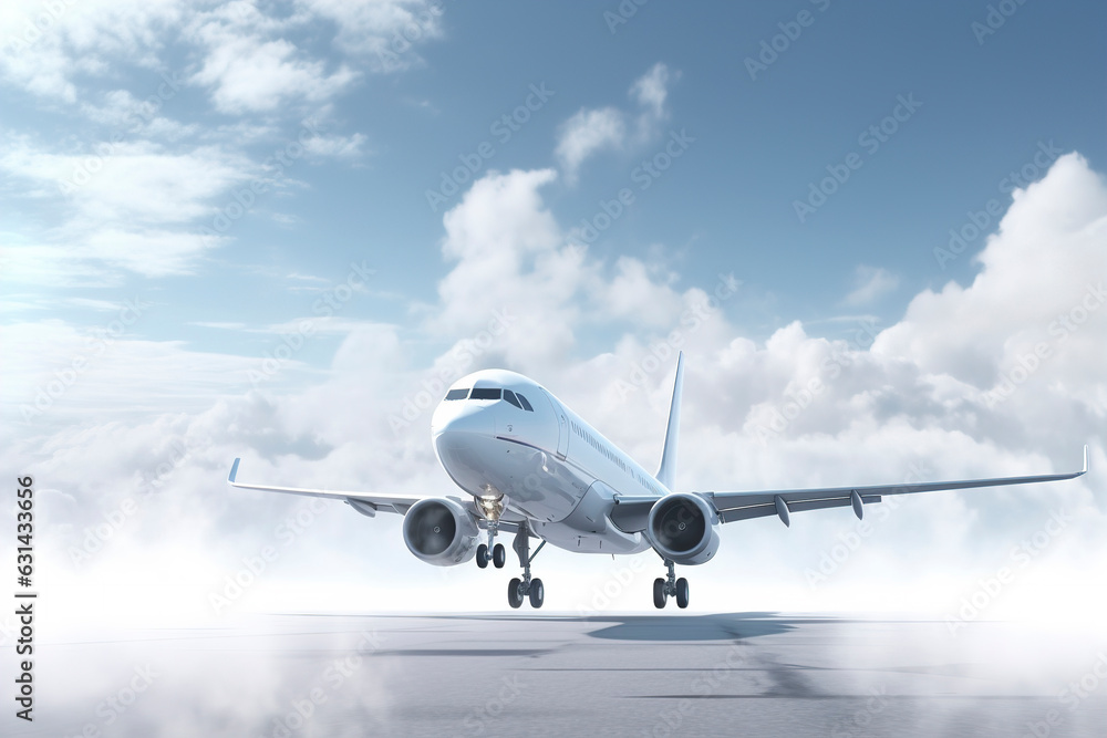 Passenger airplane in the sky above the clouds, passenger airplane with landing gear released takes off in sky, beautiful background with flying plane in blue sky, generative ai