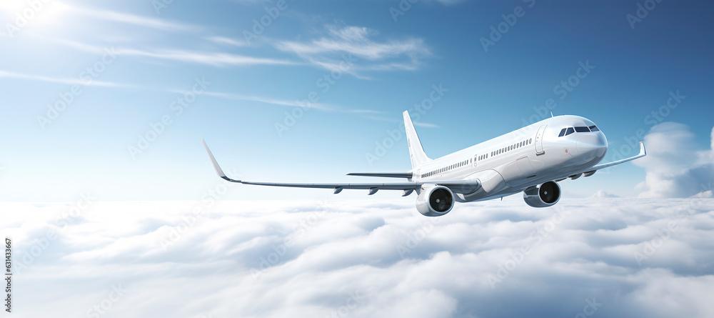 Passenger airplane  in the sky above the clouds, passenger airplane gear released takes off in sky, beautiful panoramic background with flying plane in blue sky, generative ai - obrazy, fototapety, plakaty 