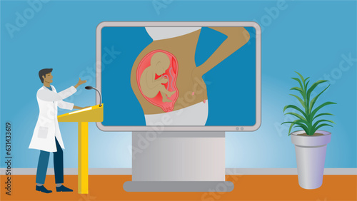 Man in lecture about pregnancy. Standing in front of big screen with woman uterus with child in profile. Dimension 16:9. Vector illustration.