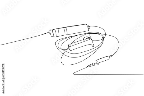 Catheterization kit, catheter, syringe, injection, Surgical Item, medical supplies, equipment one line art. Continuous line drawing of medication, clinical, disposable, tool, anesthesia, surgery