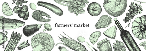 Farmers' Market. Hand-drawn illustration of Food. Ink. Vector
