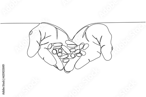 Tablets, capsules, medicines in the hand, on the palm, herbal, medicine one line art. Continuous line drawing of treatment, medication, medical, pharmacy medicine, therapy, allergy