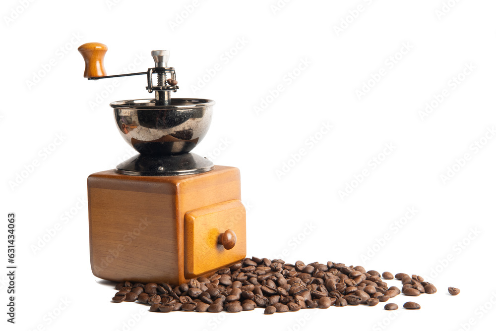 Wooden coffee grinder machine with coffee bean ob background