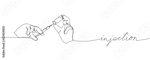 Injection, medicine ampoules with a syringe needle, vaccine, draw the vaccine into syringe one line art. Continuous line drawing of medical, therapy, allergy with inscription, lettering, handwritten.