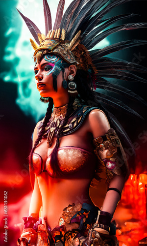 Aztec or mayan mythical woman wearing an elaborate feathered headdress and colorful face paint