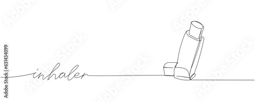 Inhaler for asthmatics, salbutamol, Asthma inhaler, medical supplies, equipment one line art. Continuous line drawing of medication, clinical, lung treatment with inscription, lettering, handwritten.