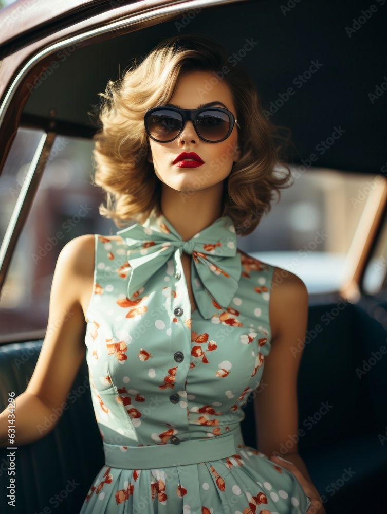 Obraz premium pin-up attractive women shot in a classic dotted dress posing in front of a retro car, 60s style, vintage
