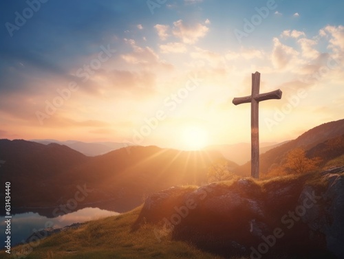 Foto The wooden cross on a mountain with a sunset background, Generative AI