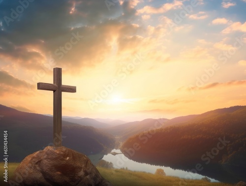 Foto The wooden cross on a mountain with a sunset background, Generative AI