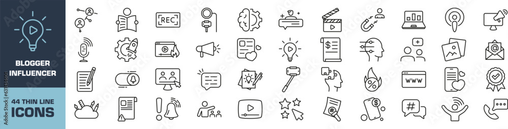 Blogger icon set. Influence symbols set. Linear style. Blogger icon set. Influence symbols set. Linear style.
