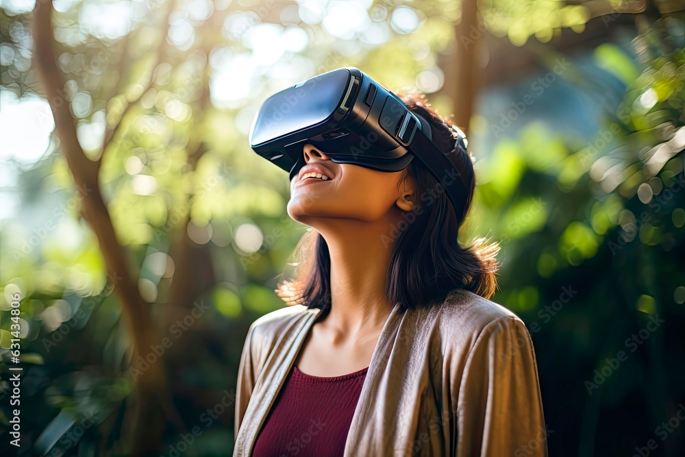 Young woman using a virtual reality headset against blur garden background. Young woman using a virtual reality headset against blur garden background.