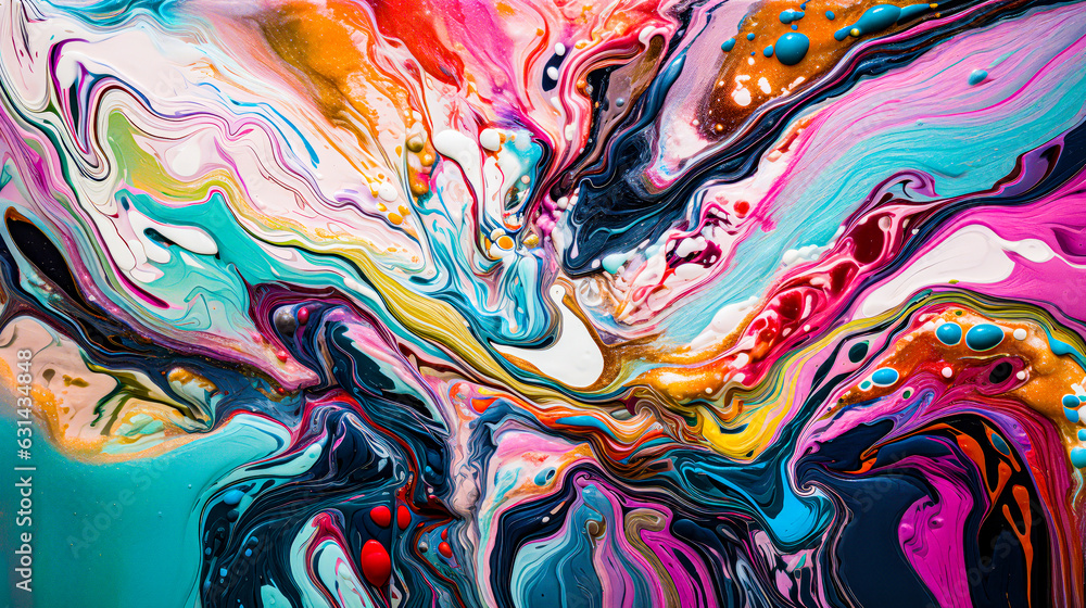 a close up of a painting on a wall, colorful swirls of paint