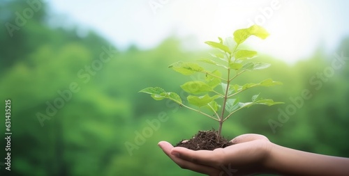 Obraz na płótnie ESG concept: human hand holding large growing plant against green forest background, Generative AI w salonie