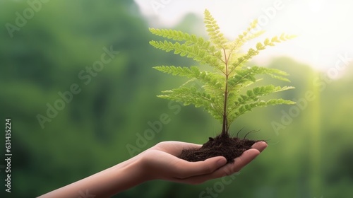 ESG concept: human hand holding large growing plant against green forest background, Generative AI