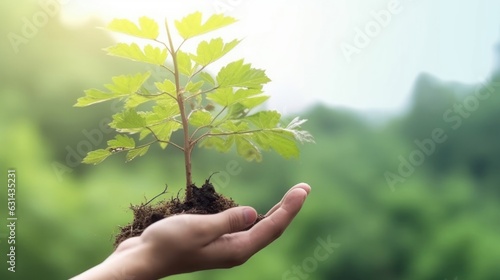 Valokuva ESG concept: human hand holding large growing plant against green forest backgro