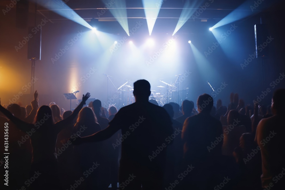Obraz premium Christmas concept: Blurred Christian Congregation Worship God together in Church hall in front of music stage and light effected, Generative AI