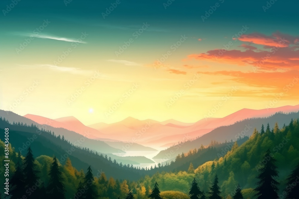 forest on the mountain light fall on clearing on mountains at sunset sky background, Generative AI