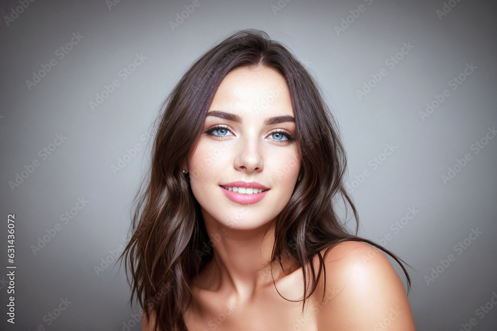 Beautiful woman brunette beauty close-up portrait on gray background.