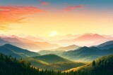 forest on the mountain light fall on clearing on mountains at sunset sky background, Generative AI