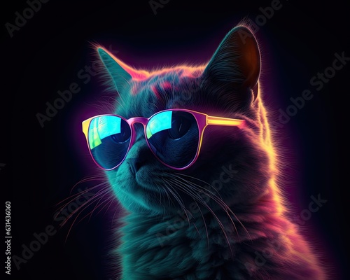 Portrait of a cat in neon color. T-shirt design © maxcity