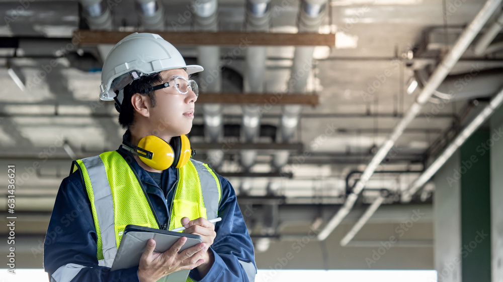 Building inspector man using digital tablet checking plumbing pipeline system. Asian male worker in reflective vest, ear muffs, safety helmet and goggles working for building maintenance inspection Building inspector man using digital tablet checking plumbing pipeline system. Asian male worker in reflective vest, ear muffs, safety helmet and goggles working for building maintenance inspection