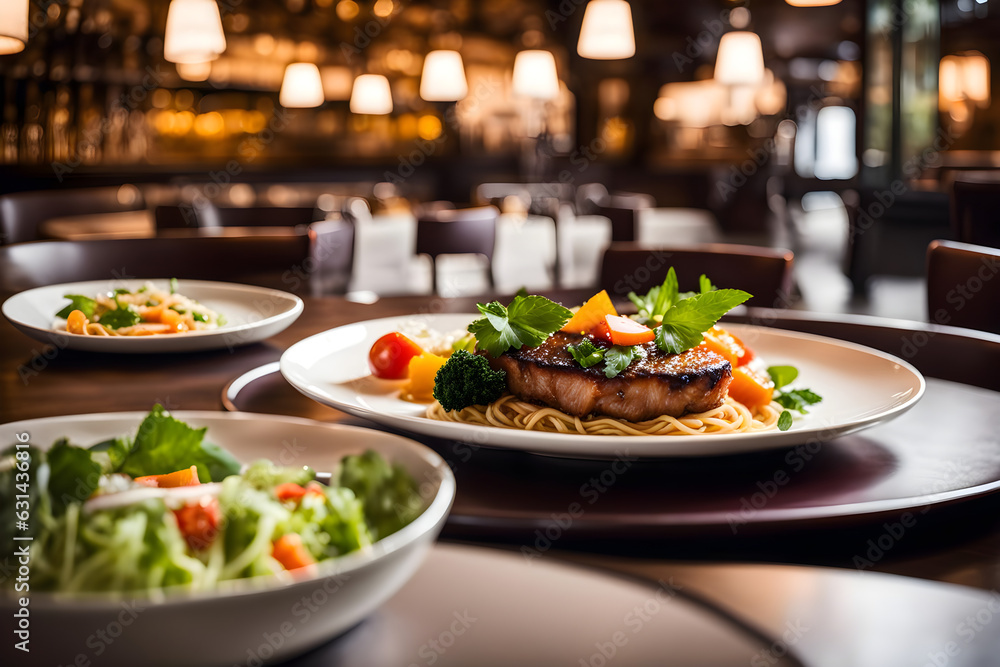 grilled steak with noodles and vegetables on a plate in a restaurant - generative ai grilled steak with noodles and vegetables on a plate in a restaurant - generative ai