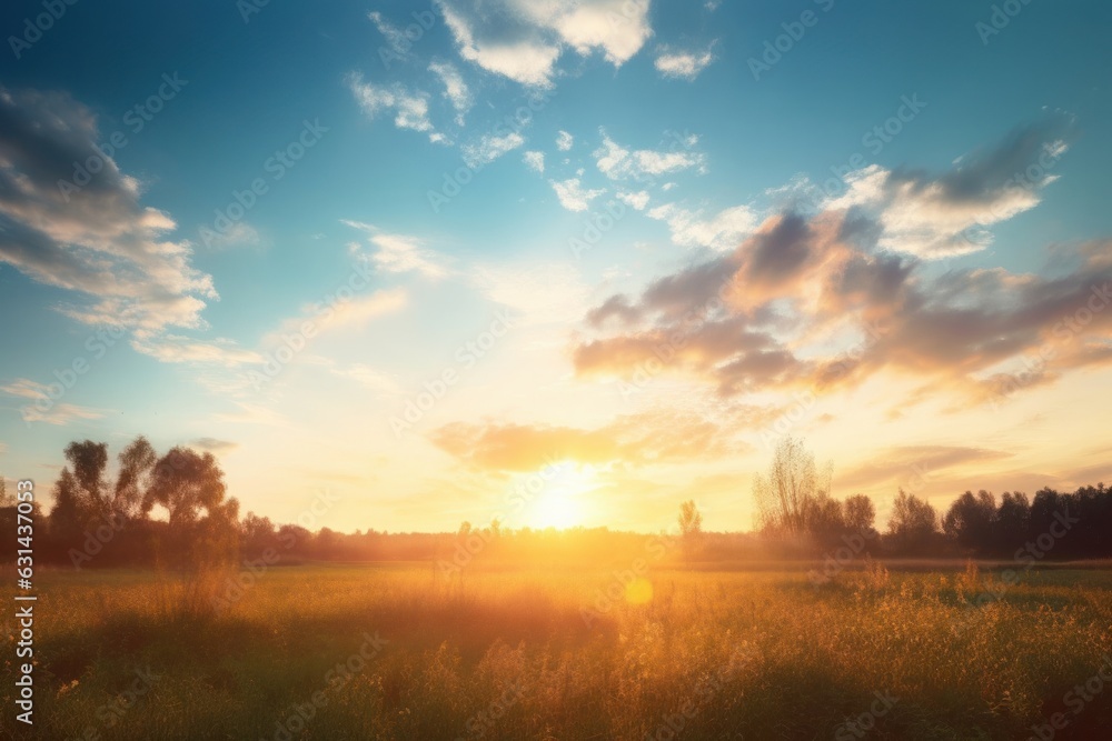 Sunrise sky landscape background on meadow, Generative AI