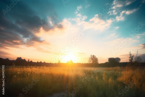 Sunrise sky landscape background on meadow, Generative AI