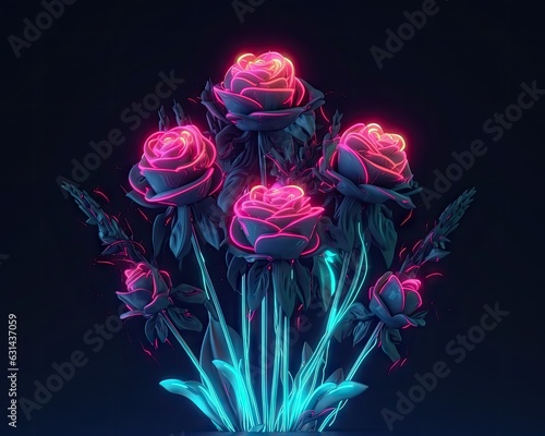 Bouquet of roses on dark background, neon light
