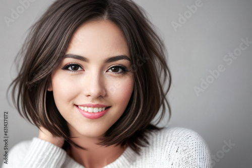 Print op canvas Beauty brunette woman  bob hair in a white sweater on a gray background