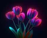 Bouquet of tulips on dark background, neon light