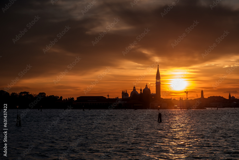 Panoramic view of Saint Mark’s Basilica and a cloudy sunset in Venice Italy