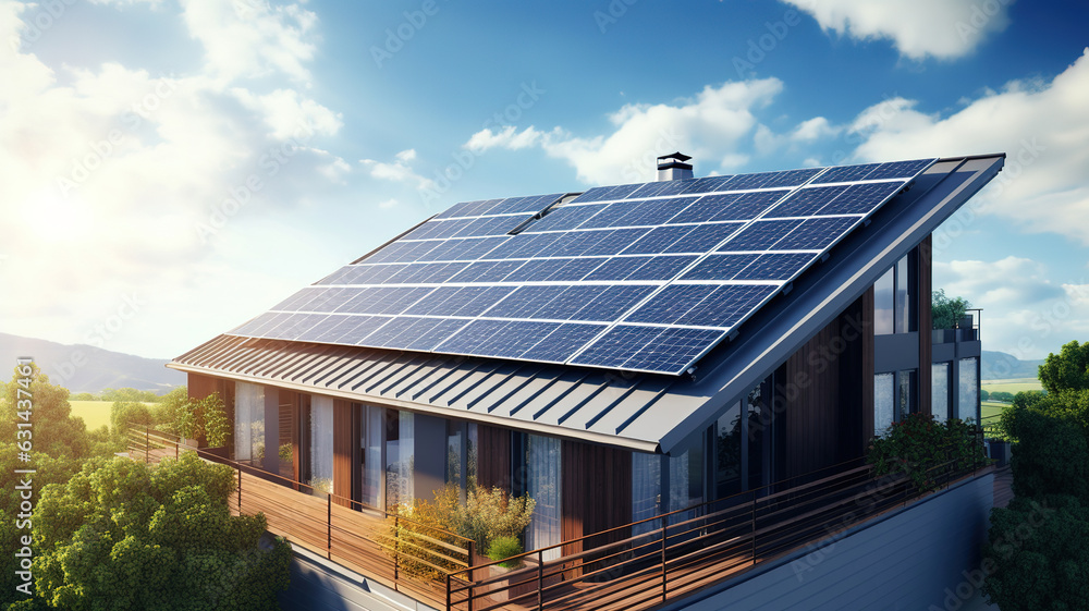 Solar panels on the roof of the house with blue sky. Generative AI