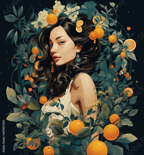 woman with flowers, leaves  and orange photo
