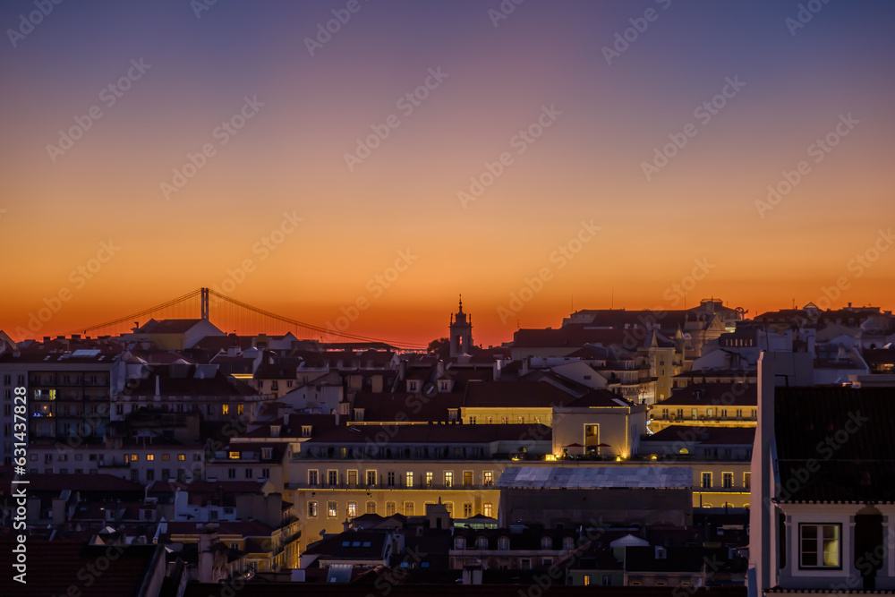 Amazing orange and purple sunset at the beautiful city of Lisbon Portugal