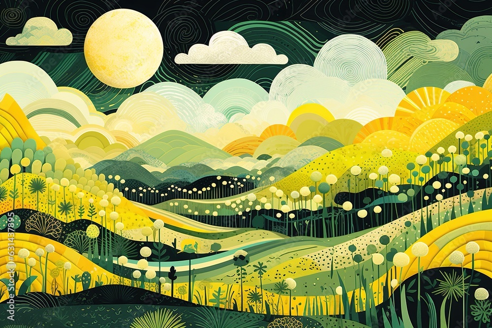 Nature-Inspired Graphic Illustrations: An Animated Spring Scene with Bold Shapes